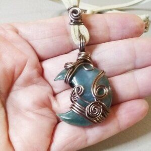 Wire Wrapped India Agate Moon Necklace | Dark Green Crescent Moon w. Faux Suede